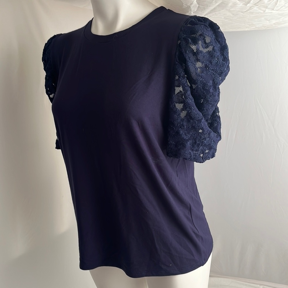Ariella navy crew neck top with lace sleeves L - Picture 3 of 8
